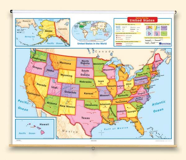Nystrom Early Learning United States Physical Wall Map on Roller with Backboard, Item Number 1398246